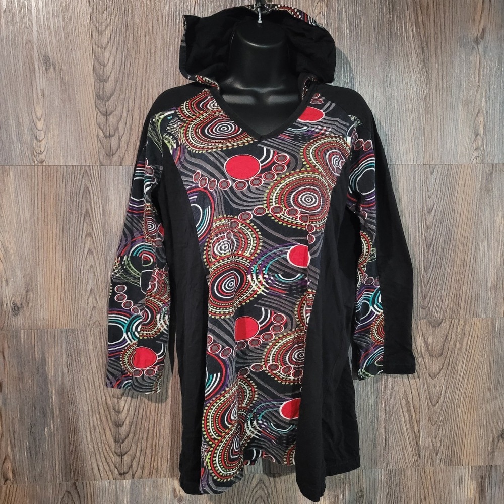 Parsley & Sage Abstract Circle Hooded Top Size Large Black Multi Art to Wear
